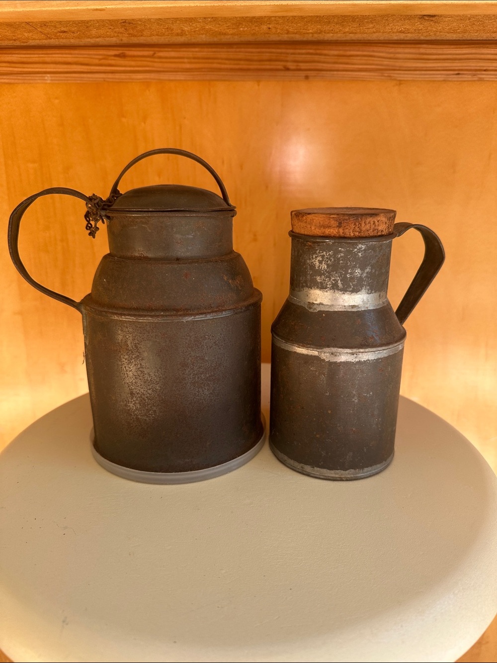 Vintage Antique Primitive Tin Milk & Cream Cans Farmhouse Rustic Decor Set of 2